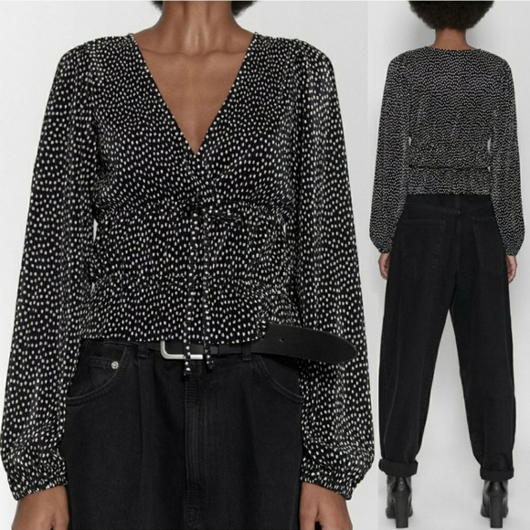 Zara Pleated Surplice V Neck Faux Wrap Blouse Top Polka Dots Long Sleeves medium - Picture 1 of 10